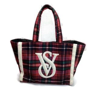 Victoria’s Secret Plaid Fleece Trim Holiday Tote Bag